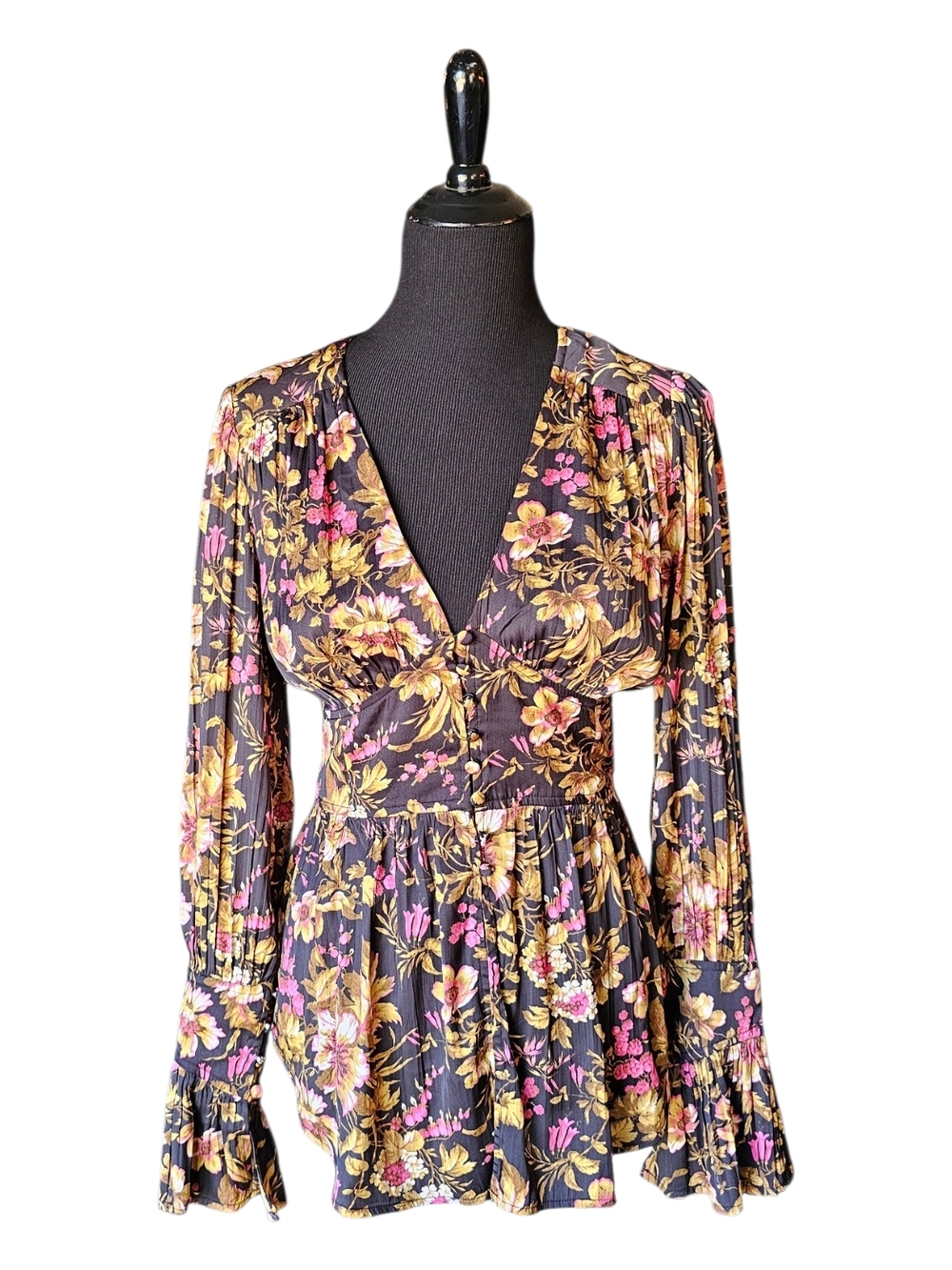 Anthropologie Floral Satin Button Front Blouse Medium Boho Romantic Peplum Bell